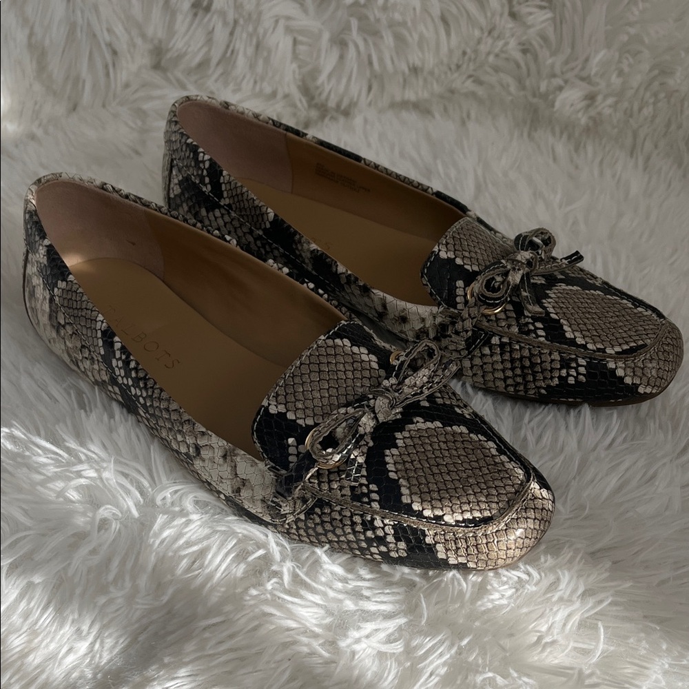 Talbots Snakeskin-Print Leather Driving Loafers in Black and Tan